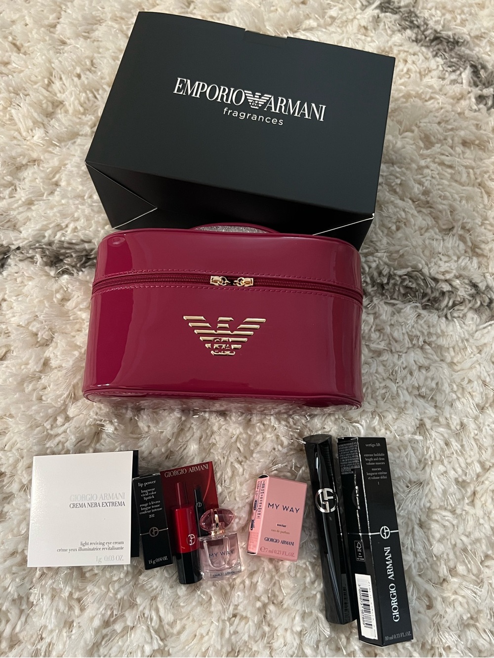 New Emporio Armani Glossy Hot Pink Pouch Bag with Gold Logo + Armani freebies